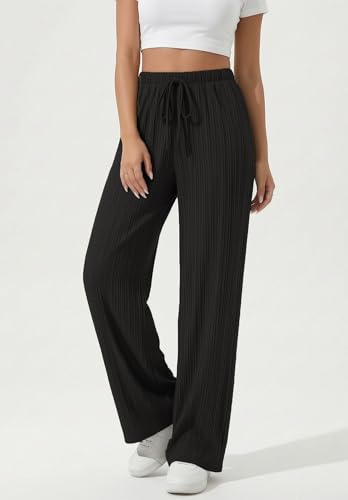 UDILEO Women's Lightweight Summer Trousers Loose Elegant Comfortable Solid Color Drawstring Pockets