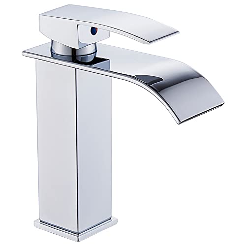 CLUHERTVY Bathroom Taps, Basin Mixer Tap, Waterfall Spout, Single Lever, Hot & Cold Water Adjustable, Solid Brass Core, 304 Stainless Steel, Polished Chrome