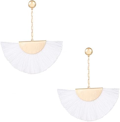 ELEARD Tassel Earrings Fan Shape Tassel Drop Dangle Earrings Boho Ear Drop White