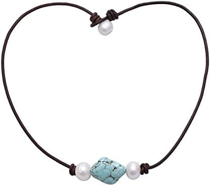 MAIMANI Handmade 9-10mm Freshwater Pearl Turquoise Choker Necklace on Dark Brown Genuine Leather Cord 16"