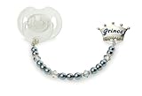 Crystal Dream Luxury Keepsake Gift Swarovski Blue Simulated Pearls and Crystals Hand Crafted Enamel Crown Sterling Silver Baby Boy Prince Pacifier Clip 8 inch (CPB)