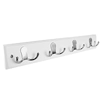 Hookiom 628W Coat and Hat Hook Rack with 4 Satin Nickel Hooks, White Finish Rail