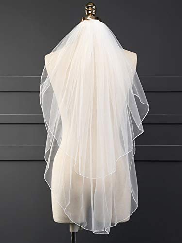 Barogirl 2 tier Wedding Veil Fingertip Length with Pencil Edge Soft Bridal Blusher Veil with Comb (White)