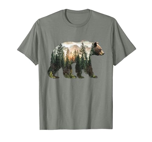 Bear Forest Mountains Trees Nature Sunset Outdoor Graphic T-Shirt, Men, Olive H…
