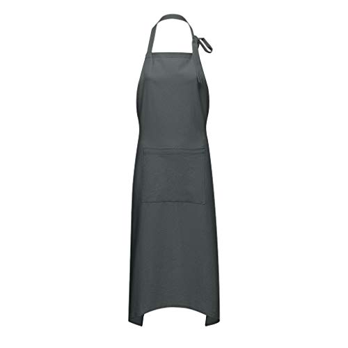 WoCoo Soft Cotton Linen Apron Halter Bandage Aprons Kitchen Cooking Clothes with Front Large Size Pockets Dressï¼ˆGreyï¼ŒX-Small(US-2)