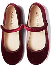 Childrenchic Mary Jane Flats with Hook and Loop Straps â€“ Shoes for Girls (Velvet - Burgundy, 25 M EU, 8.5-9 M US Toddler)