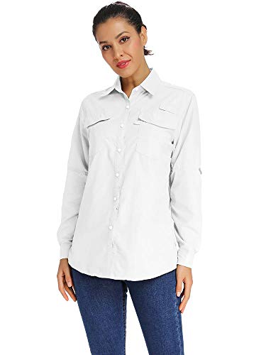 Womens Workwear Quick Dry Vented Sun Protection Long Sleeve Shirts, Hiking Fishing Sailing Blouse #5026-White,S