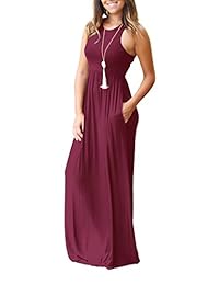 Vestido largo maxi de verano con cuello redondo y liso informal para mujer Amoretu con bolsillo