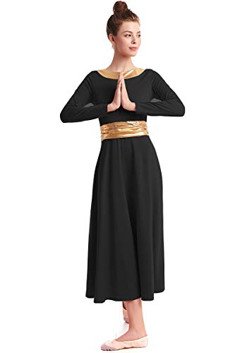 HIHCBF Women Long Sleeve Praise Dress Liturgical Metallic Waistband Full Length Wide Swing Loose Fit Worship Dancewear Black XL - Thumbnail 3