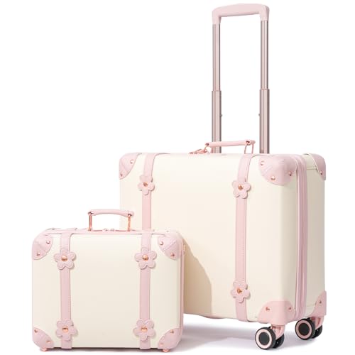 urecity Vintage PU Leather Cabin Size Luggage Set Stylish Retro Underseat Carry On Suitcases with TSA Lock & Spinner Wheels, Lightweight Design for Elegant Travel (18''+14'' White Flowers)