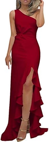Womens Sexy One Shoulder Ruched Ruffle Formal Dress, Solid High Slit Evening Party Cocktail Slim Long Maxi Dresses