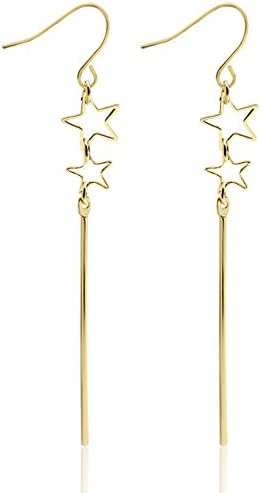 18K Gold plated &amp; Sterling Silver Plated Hollow Five-pointed Star Charm Long Tassel Dangle Earring (Gold)