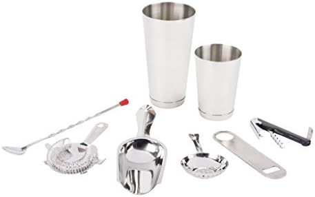 Professional Bartender Set (8 Piece): Bar Drink Mixing Tools Set with 2 Stainless Steel Shakers, Cocktail Strainer, Julep Strainer, Mixing Spoon, Ice Scoop, and All In One Corkscrew and Bottle Opener