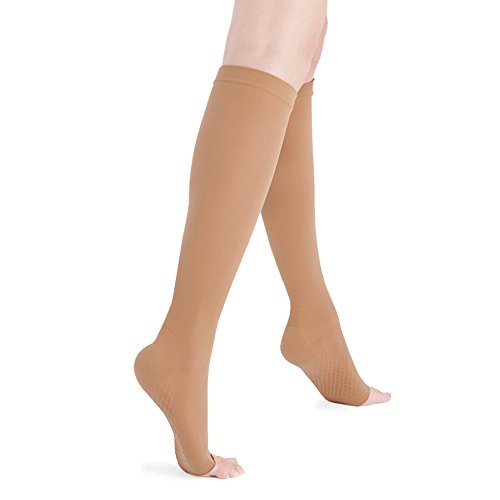 Fytto 15-20mmHg Knee High, Open Toe Compression Microfiber Hosiery - Support for Travel, Varicose Veins & Pregnancy, Slip-Resistant, Tan, Large