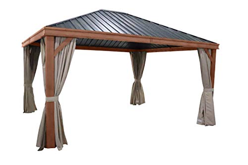 LECO Luxus-Hardtoppavillon, braun, 365 x 296 x 425 cm, rechteckig, verzinkte Stahlplatten, Aluminium in Holzoptik…