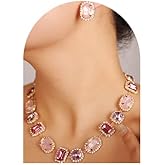 Xerling Multi-colored Geometric Gemstone Crystal Statement Choker Necklace for Women Bridal Wedding Collar Necklace Chains with Stud Earrings