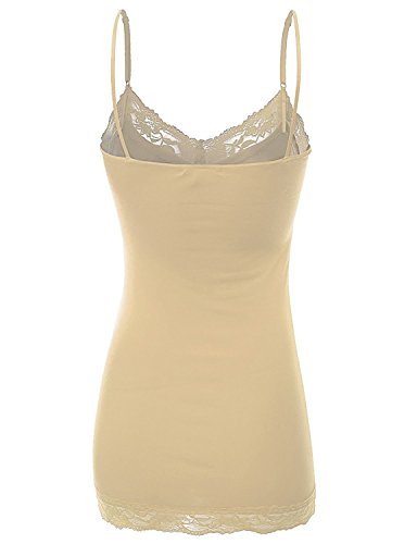 RT1004 Ladies Adjustable Spaghetti Strap Lace Trim Long Tunic Cami Tank Top Taupe S - Thumbnail 2