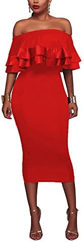 LightlyKiss Women's Casual Sexy Summer Off Shoulder Ruffles Bodycon Midi Clubwear Dress Red Large