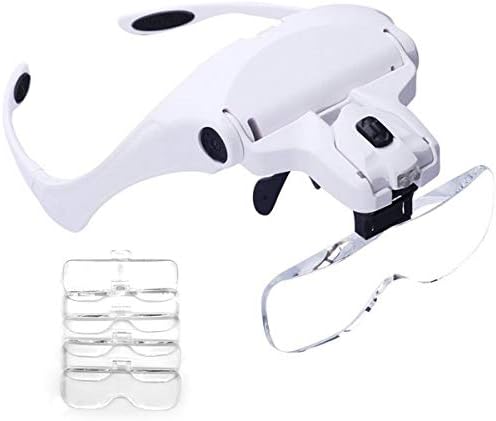 Magnifying Glasses for Hobbies with 2 LED Light, Handsfree Reading Head Mount Magnifier, Magnifying Glasses with 2 LED Light 5 Detachable Lenses for Reading, Jewelry Loupe, Watch and Electronic Repair