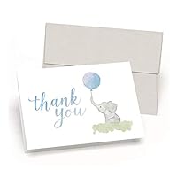 Beautiful Baby Shower Thank You Cards (Set of 10 Cards + Envelopes) - Watercolor Elephant & Blue Balloon - by Palmer Street Press