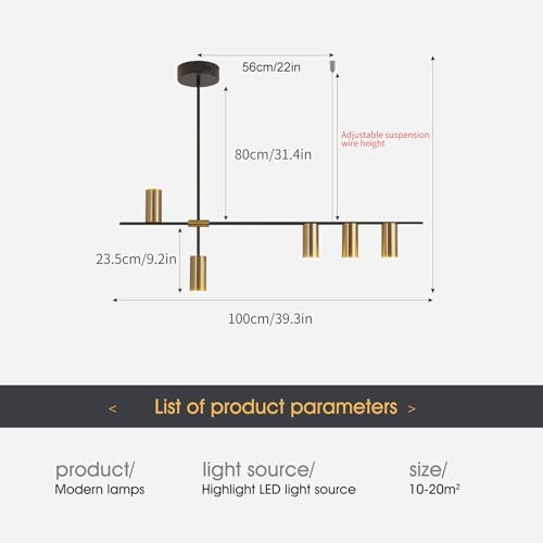 Siittoo Lámpara colgante, lámpara de araña LED moderna regulable con focos, lámpara colgante lineal ajustable para isla de cocina, comedor, sala de estar (negro, dorado, 30 W)