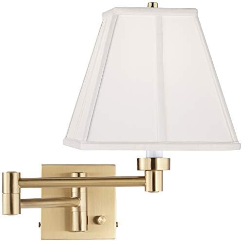 Barnes and Ivy Alta Swing Arm Wall Lamp Warm Antique Brass Gold Metal Plug-in Light Fixture Ivory Classic Square Shade for Bedroom Bedside House Reading Living Room Home Hallway Dining
