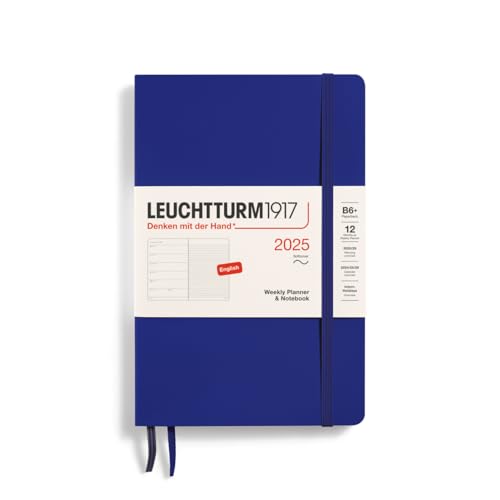 LEUCHTTURM1917 370659 Weekly Calendar & Notebook 2025, Paperback B6+ Softcover - 12-Month Planner, Lined - Ink, English