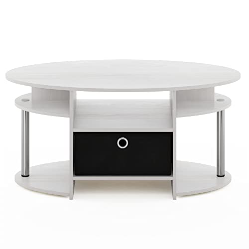 Furinno Jaya Simple Design Oval Coffee Table with Bin, White Oak/Chrome