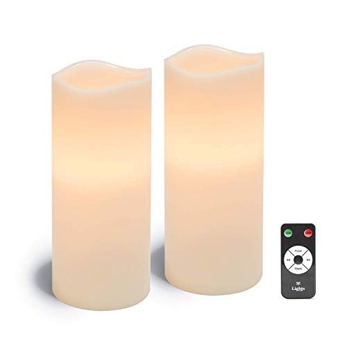 Large Flameless Pillar Candles - White Wax 4 x 10 Inch Candle Set, 2 Pack, Melted Edge, Warm White LED Light - Batteries & Remote Included (Renewed)