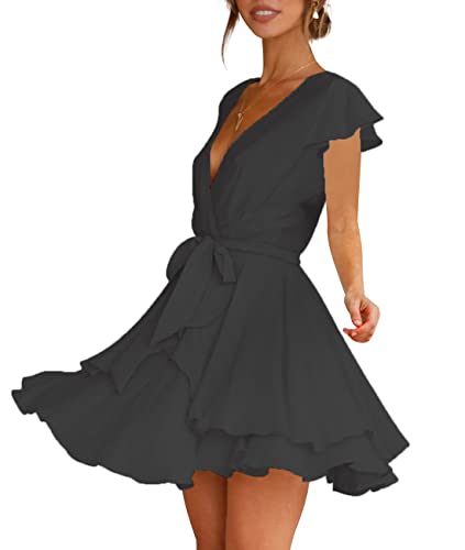 FLYBONY WOMENS SHORT SLEEVE V NECK BLACK COCKTAIL DRESS TIE WAIST RUFFLE MINI SWING SKATER DRESSES