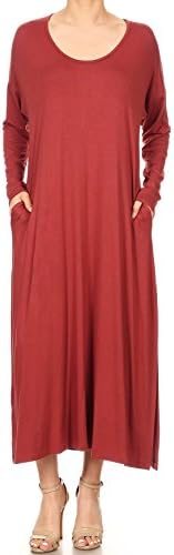 Women's Casual Short Sleeve and Long Sleeve Side Split Maxi Dresses with Pockets(DWMM001/DWMM001L) (XLarge, 001L_Tobaco)