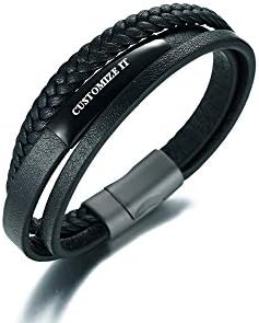 Custom Personalized Stainless Steel Handmade Three Circle Braided Genuine Leather Wrap Wristband Bracelet Black For Men Boy