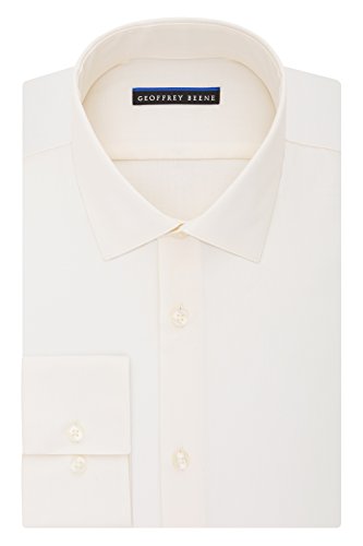 Geoffrey Beene Men's Sateen Fitted Solid Spread Collar Dress Shirt, Almond, 17