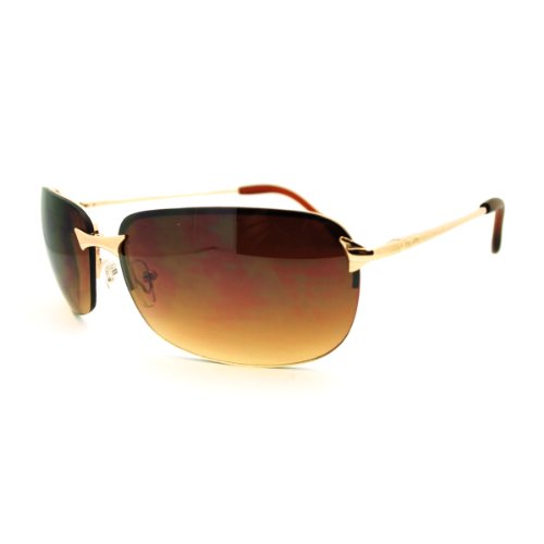 Mens Classic Sunglasses Rimless Rectangular Lite Metal Frame (gold, brown)