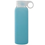 BONISON Durable Glass Water Bottle with Soft Colorful Silicone Sleeve, 9 oz, Blue