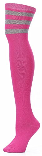 Leotruny Women s Triple Stripes Over the Knee High Socks (Hot pink/Light grey) One Size