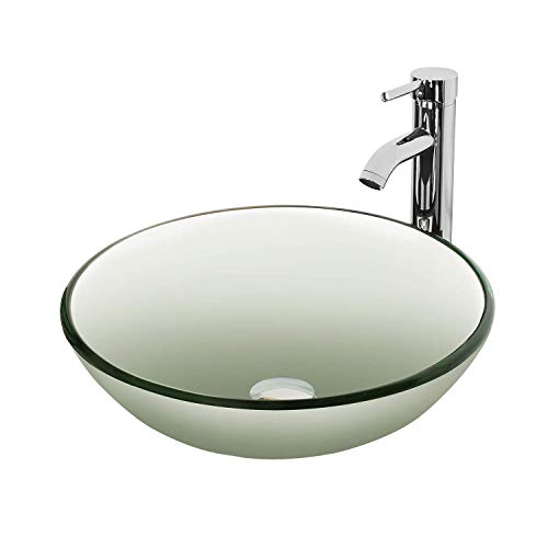 UTRAHOME Bathroom Vessel Sink Bowl Combo - Clear Crystal Tempered Glass with Faucet Pop Up Drain Single Hole Above Counter Lavatory Vanity Top Brass Hardware Chrome Finsh 16.5 Water Sense