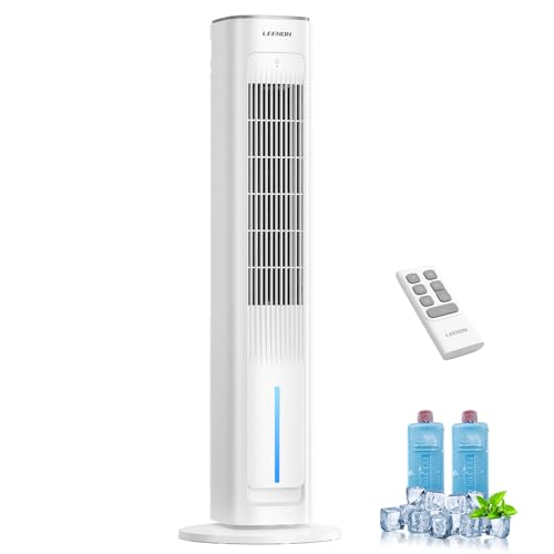 LEENON Silent Column Fan, 3L Capacity Oscillating Fan with Remote Control and 3 Speeds, 3 Modes and 12H Timer Column Fan for Home and Office – White