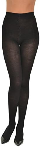 Black Merino Wool Ribbed Womens Fashion Tights Reinforced Toe Made in Italy Sizes: Medium