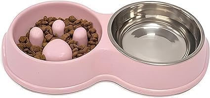 Fur & Bone Double Slow Feeder Raised Dog Bowl Pink Stainless Steel Dual Bowl