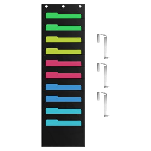 ZKOO 10 Pockets Hanging Wall File Organizer for A4 Size Paper/Legal/Letter Size Document, Sturdy Wall Mail Organizer Black Pocket Chart Great for Classroom, Office, Home Use with 3 Hangers