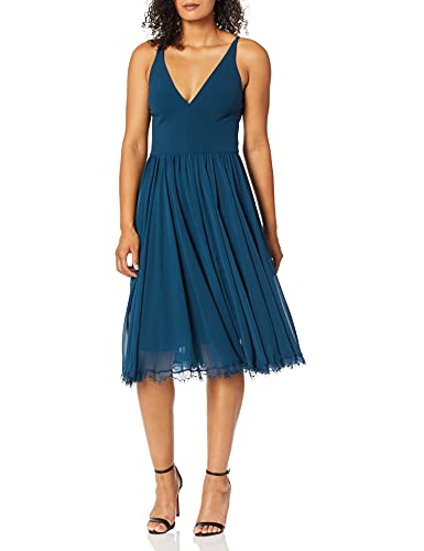 Dress the Population Women's Alicia Plunging Mix Media Sleeveless Fit & Flare Midi Dress, Peacock Blue, XS