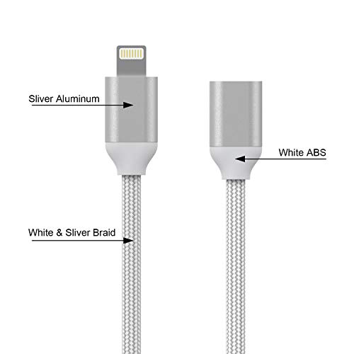 EMATETEK Braided Extension Connector Cable Female to Male Pass Video Audio Music Photo Data and Charge. 1PCS 3.3Feet Male to Female Extender Cord Made of Sliver Aluminum & White Braided.