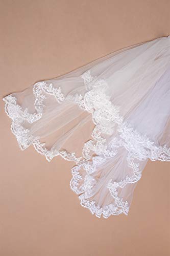 Women's Short 2 Tier Lace Wedding Bridal Veil With Comb,Ivory - Thumbnail 5