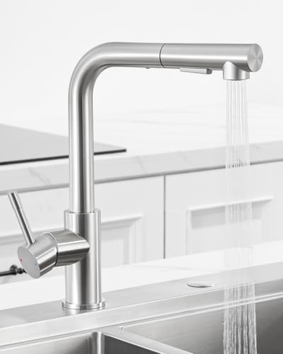 Sofetiy Kitchen Faucet Extendable Kitchen Faucet with Shower Two Types of Water Jet High Pressure Kitchen Faucet Brushed Stainless Steel Single Handle Kitchen Faucet 360° Rotation | Two kinds of water jet, 360° rotation, hot and cold water, stainless steel, single lever sink faucet