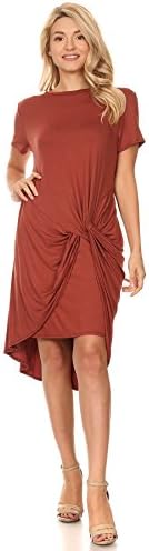 WFFS Womens Round Neck Short Sleeves Knot Front Midi Cocktail Dress(DWMM004) (Medium, Tobaco)