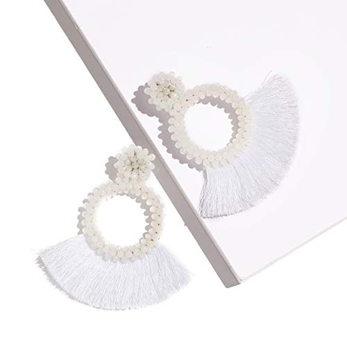 Beaded Tassel Earrings for Women - Statement Handmade Beaded Fringe Dangle Earrings, Idea Gift for Mom, Sister and Friend (Y-White)