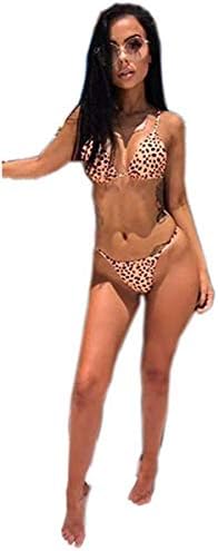 Women Two Piece Bikini Set Striped/Leopard Dot Print Bandage Top Thong Bottom Swimsuit
