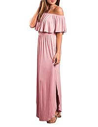 Othyroce vestido largo con volantes y hombros descubiertos, para dama, con bolsillos