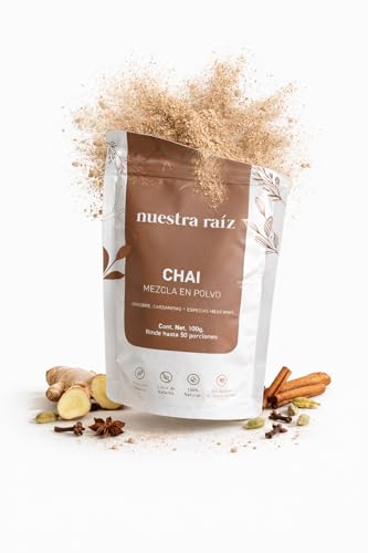 Nuestra Raíz | Chai Latte en polvo ingredientes 100% Naturales y Órgánicos | 100 gr | Sin Azúcar, Sin Lácteos, Sin Saborizantes, Sin Glúten, Sin Conservadores, Sin colorantes | Mezcla de Jengibre Orgánico, Canela de Ceylán Orgánica, Cardamomo, Clavo, Nuez Moscada y Pimienta Orgánica | Hecho en México